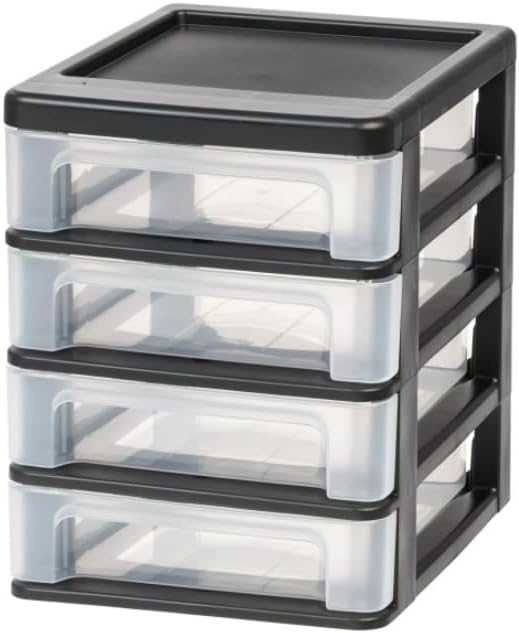 Set of 2 Compact 4-Drawer Plastic Desktop Organizers, Small Storage Drawers for Office Supplies Craft Tools Accessories, 8.38x6.75x8.88 Inches, Stackable Black Mini Drawer Units, Smooth Glide Drawers