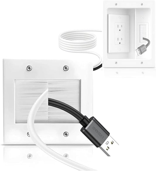 in Wall Cable Management Kit for Wall Mounted TV 2 Gang Brush Wall Plate - Cable Pass Through Wire Hider for Cable Management,Cord Hider for Ethernet Cables, HDMI, Home Theater Systems Pass Through