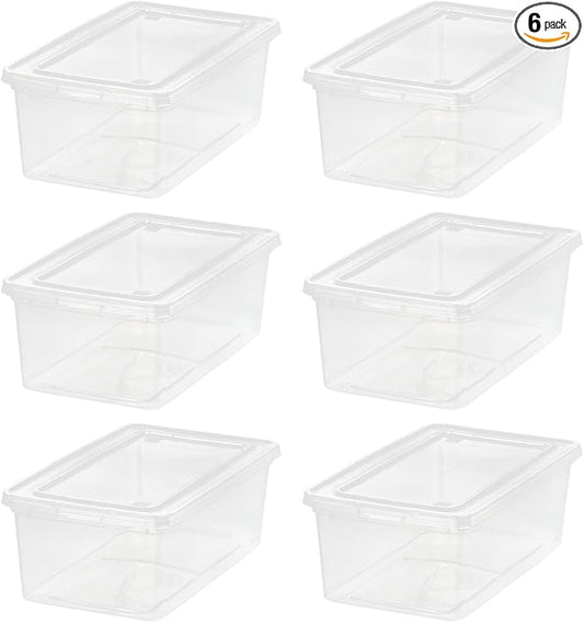 IRIS USA 6-Pack Storage Bins with Lids, 6 Quart - Crystal Clear, Shoe Boxes Stackable Containers Organize Shoes Closet Shelves, Teacher Tools Classroom Organization, Game - BPA-Free Plastic