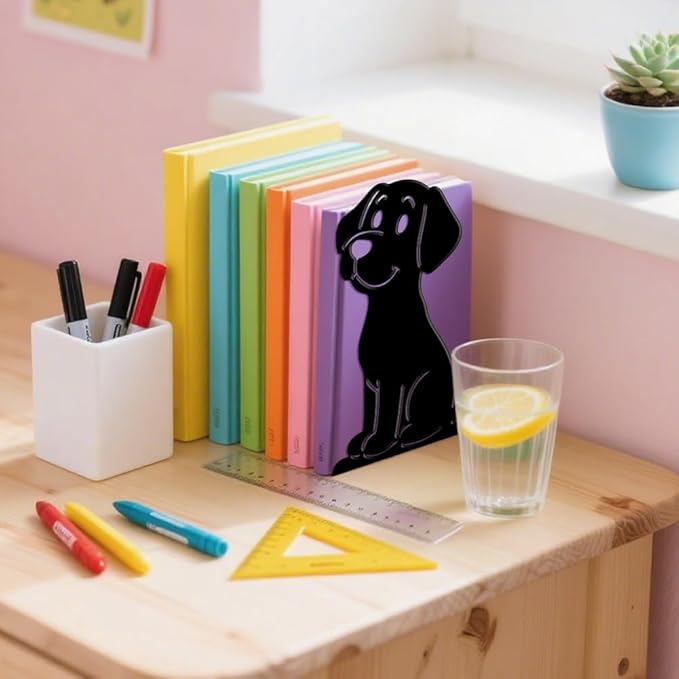 Peacoblue Metal Bookends for Shelves, Modern Decorative Heavy Duty Study Book Ends Stoppers for Office, Desk, Shelf, Room 5.3"x4.3"x7.9" Cast Iron Simple Tall Bookends 1 Pair (Cartoon Dog)