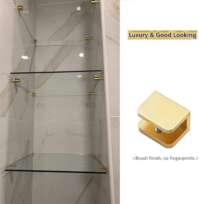 LukLoy 10 Pack Gold Glass Clamp Brackets (10-12mm) - No-Drill Glass Holder, Secure Anti-Slip Grip