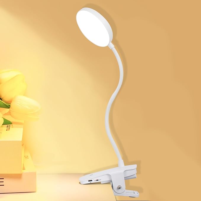 Cordless Clip on Desk Lamp with Clamp, 30 Lighting Modes (6 Colors x 5 Dimming Levels) Eye-Protect 450 Lumen, 360° Flexible Gooseneck & Foldable, Clip on Light for Bed Headboard / Puzzle,White 1 Pcs