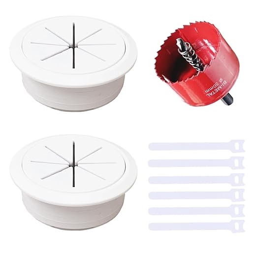 2 Pack Desk Grommet 2 Inch (50 mm) White, Desk Hole Cover for Cables, White Desk Cord Hole Cover for Office Home Table, Cable Grommet with 1 Hole Saw Drill Attachment & 6 Cable Ties