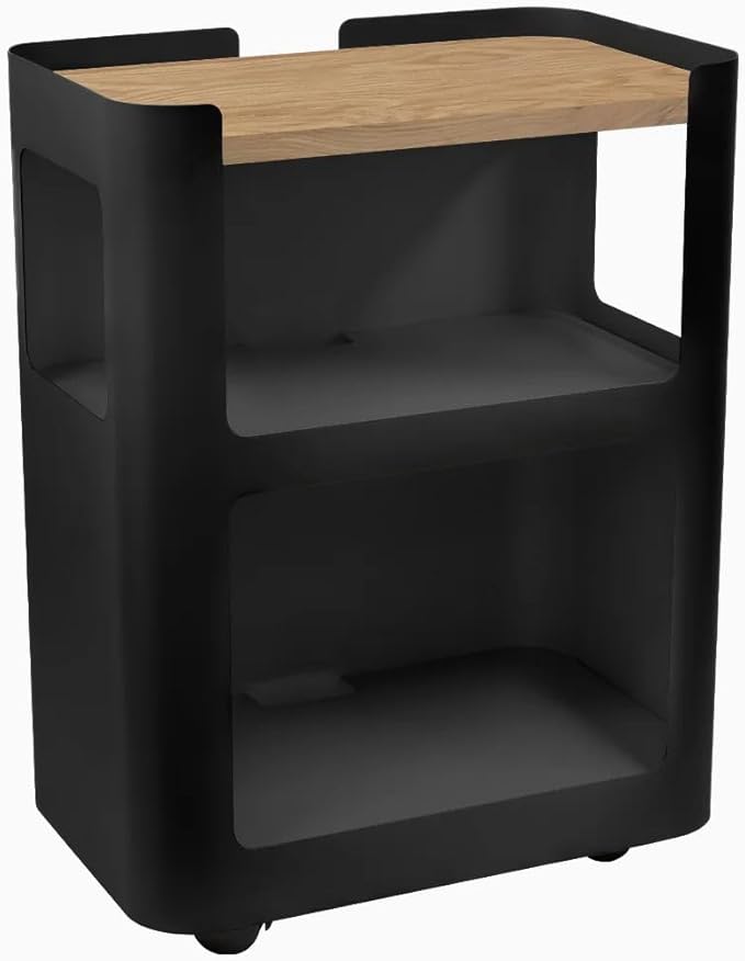 Desky Open Mobile Pedestal - Black Frame/White Oak Top. Compact Office Drawer Cabinet on Wheels