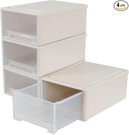 12 Quart Stacking Desktop Drawer Boxes, Plastic Storage Drawer Unit, 4 Pack