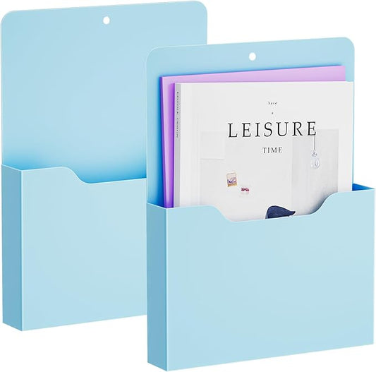 2 Pack Magnetic File Holder - Paper Holder, Pocket Organizer,Hanging Wall File Organizer Office Supplies Storage, Magazine Mail Organizer Case for Notebooks,Planners,Letter (Blue)
