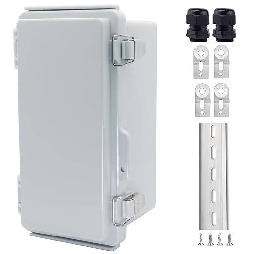 IP67 Waterproof Junction Box, ABS Plastic Electrical Enclosure with Stainless Steel Latch, Hinged Cover Electric Box with Mounting Plate, Wall Brackets & Cable Glands 200x100x110
