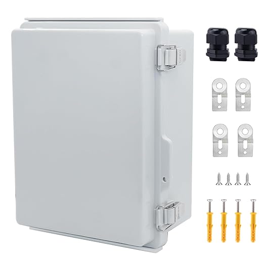 IP67 Waterproof Junction Box, ABS Plastic Electrical Enclosure with Stainless Steel Latch, Hinged Cover Electric Box with Mounting Plate, Wall Brackets & Cable Glands 220x170x110mm