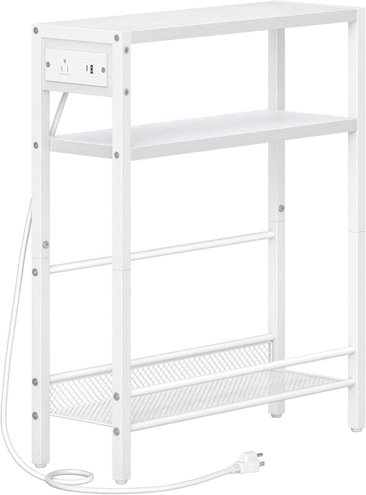 HOOBRO Small Narrow Side Table with Charging Station, Skinny End Table for Small Spaces, Slim Nightstand with USB Ports Outlet, Sofa Beside Table with Storage Shelf, White WT102UBZ01