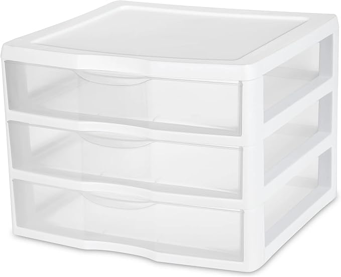 Wide 3-Drawer Unit (2-Pack), Clear Plastic Countertop Desktop Storage Organizer, White