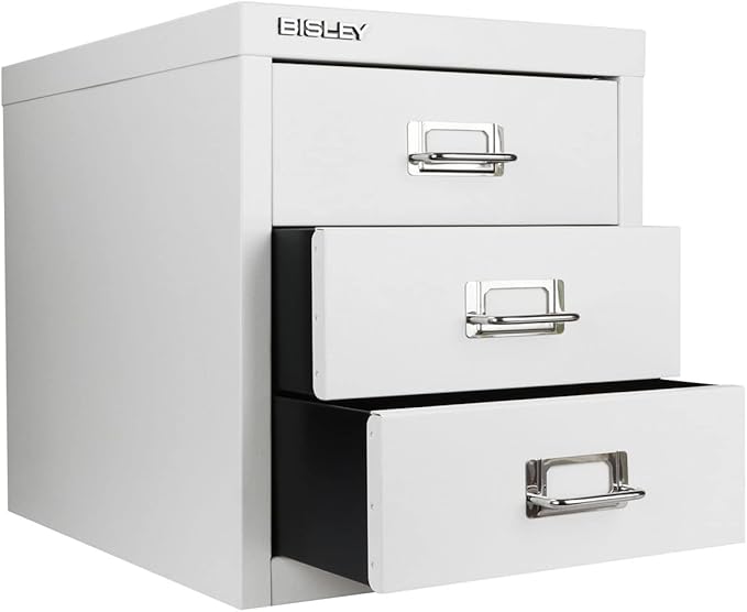 Bisley 3-Drawer Steel MultiDrawer Cabinet - Traffic White, Chrome Pull Handles with Label Holders, Powder-Coated Steel, Removable Drawers, Desktop Storage, Labels Included