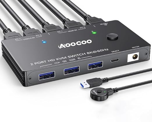 8K@60Hz HDMI KVM Switch 1 Monitors 2 Computers 4K@144Hz KVM Switches with USB 3.0 Port,Wired Remote,Power Adapter and USB3.0 Cables Included(10cm 2 PC 1 Monitor 8K KVM)