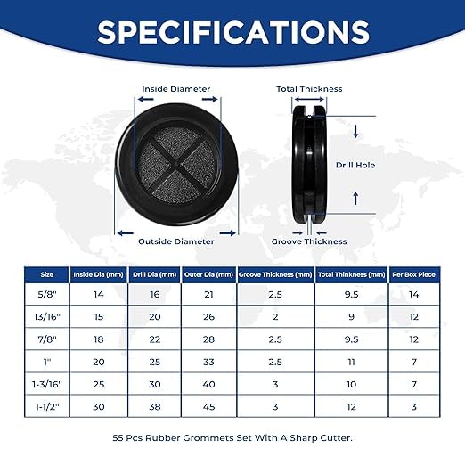 55Pcs Double-Sided Rubber Grommets kit in 6 Assorted Sizes 5/8",13/16",7/8",1",1-3/16",1-1/2"- Round & Waterproof Rubber Grommet - Ideal Solution for Wire Protection