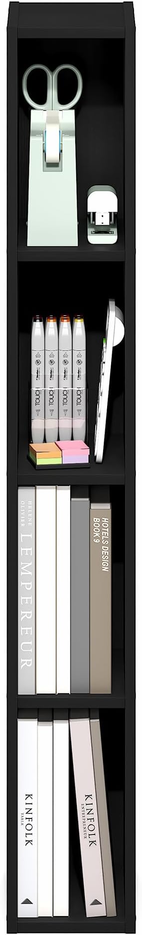 Furinno Fulda Book Shelf, 4-Tier Narrow Bookshelf, Standing Bookcase with 6-in Width Storage Shelf, 9.3 x 5.9 x 41.6, for Organization and Storage, for Living Room, Bedroom, Home Office, Blackwood