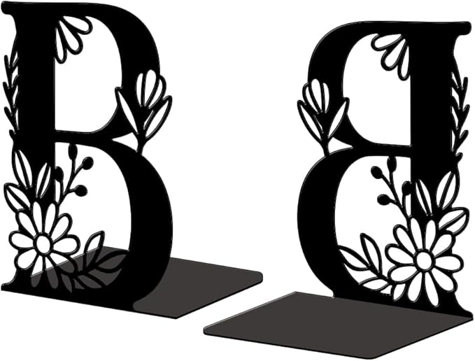Peacoblue Metal Bookends for Shelves, Modern Decorative Heavy Duty Study Book Ends Stoppers for Office, Desk, Shelf, Room 5.3"x4.3"x7.1" Cast Iron Simple Tall Bookends 1 Pair (Letter B with Flower)