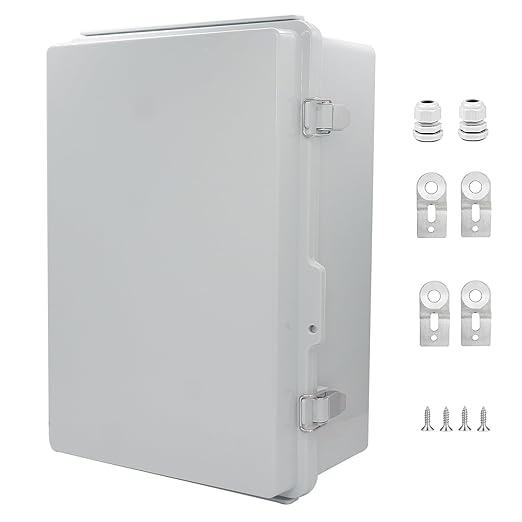 IP67 Waterproof Junction Box, ABS Plastic Electrical Enclosure with Stainless Steel Latch, Hinged Cover Electric Box with Mounting Plate, Wall Brackets & Cable Glands 300x200x130