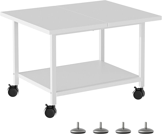 SwaaVee Printer Stand with Storage Under Desk Shelf, Desktop Printer Stand Organizer, Rolling Printer Cart Storage Paper Files Holder for Desk, Office, Home, (White)