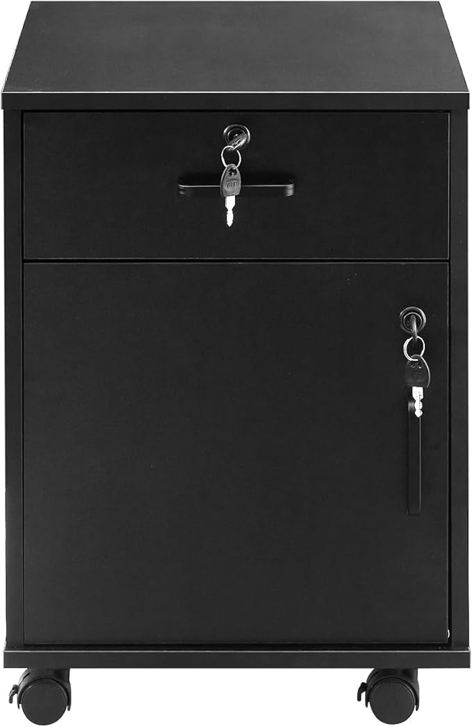 OFCASA 2 Drawer File Cabinet with Lock, Small Rolling Filing Cabinets for Home Office, Wood Under Desk File Cabinet with Wheels, Mobile Storage Organizer, Printer Stand for Letter/Legal, Black