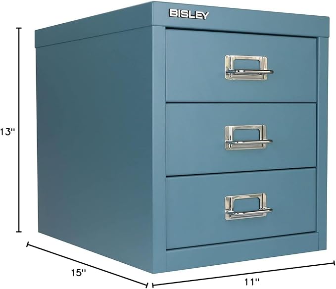 Bisley 3-Drawer Steel MultiDrawer Cabinet - Doulton Blue, Chrome Pull Handles with Label Holders, Powder-Coated Steel, Removable Drawers, Desktop Storage, Labels Included