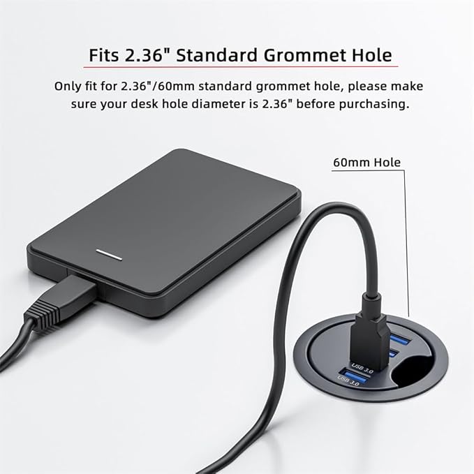 NFHK USB 3.0 Hub 4 Port USB 60mm Desk Grommet Splitter Dock Station Interface for Desktop PC Desk
