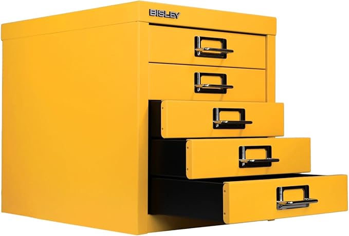 Bisley 5-Drawer Steel MultiDrawer Cabinet - Golden Sunflower Yellow, Chrome Pull Handles with Label Holders, Powder-Coated Steel, Removable Drawers, Desktop Storage, Labels Included