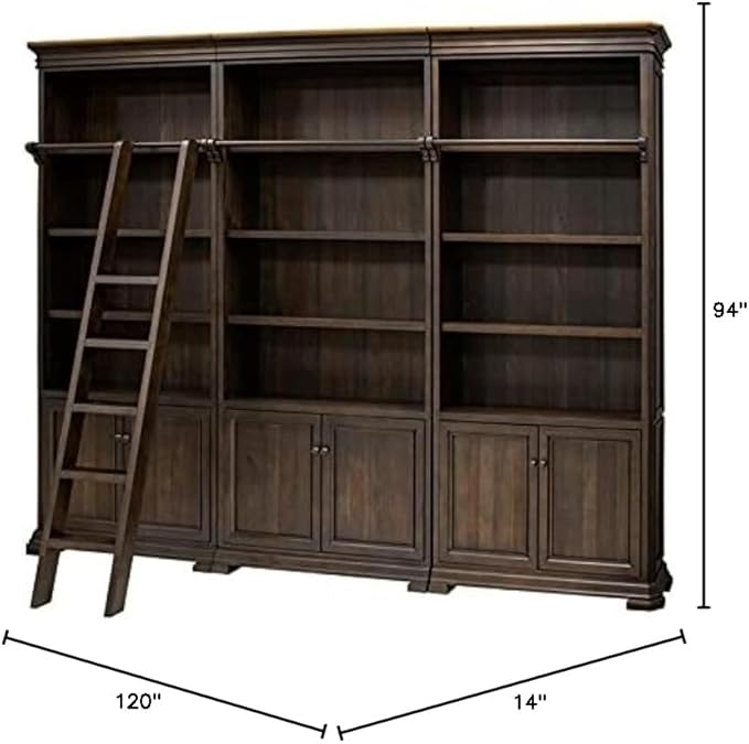 Martin Furniture Sonoma Executive Brown Executive Bookcasem Wall Storage with Wooden Ladder, Shelving Unit, Large Library Furniture, Sturdy Home Office Display Suite