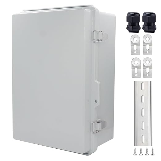IP67 Waterproof Junction Box, ABS Plastic Electrical Enclosure with Stainless Steel Latch, Hinged Cover Electric Box with Mounting Plate, Wall Brackets & Cable Glands 350x250x150