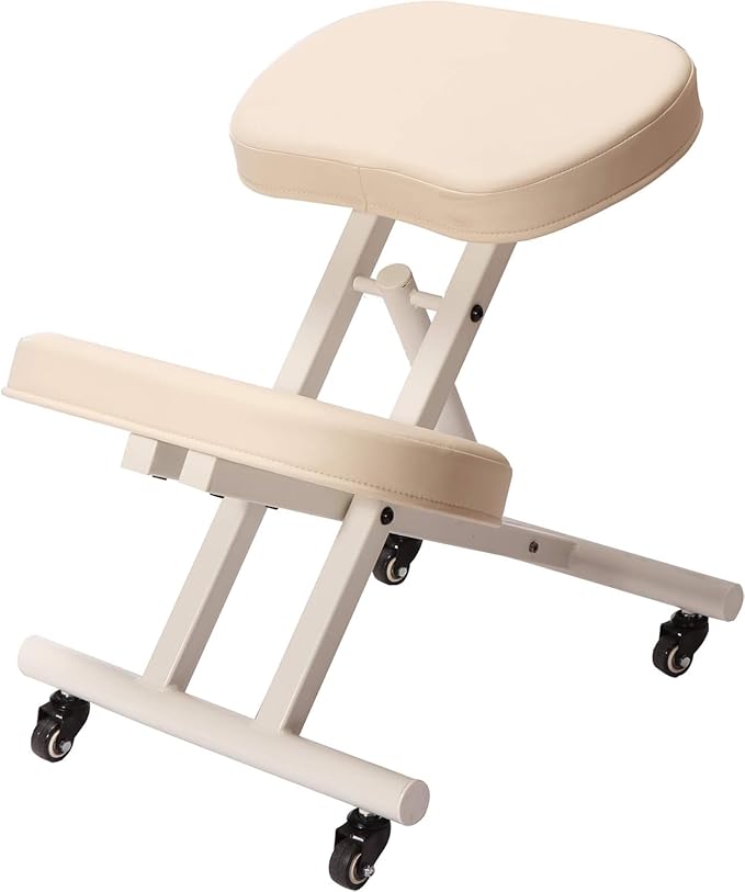 Massage Ergonomic Kneeling Chair, Adjustable Height Posture Stool for Home and Office - Neck and Back Pain Relieving | Spine Tension Relief- Thick Comfortable Cushions (Cream)
