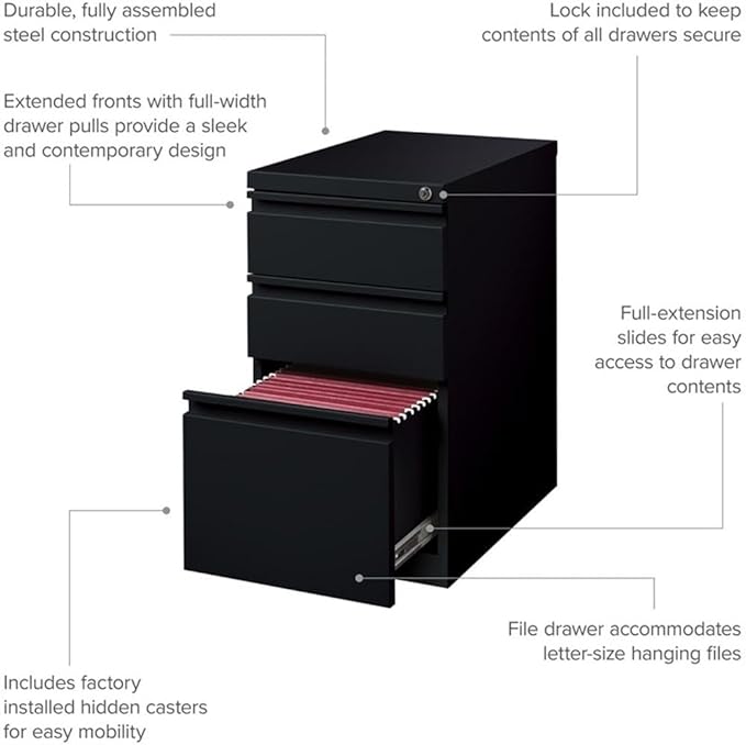 BOWERY HILL 20" 3-Drawer Modern Metal Mobile Pedestal Filing Cabinet in Black, Lockable, Sturdy Steel Construction, Mobile Office Storage, Durable Document Organization