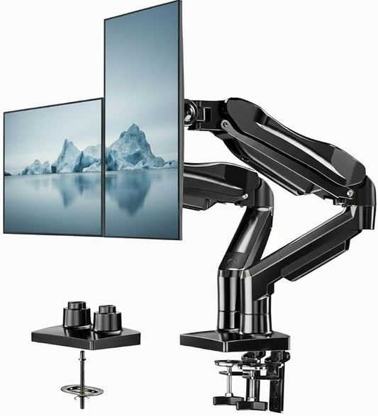 HUANUO FlowLift™ Dual Monitor Stand, Fully Adjustable Gaming Monitor Desk Mount for 13–30″ Computer Screens, Full Motion VESA 75x75/100x100 with C-Clamp & Grommet Base, Each Arm Holds 4.4 to 19.8 lbs