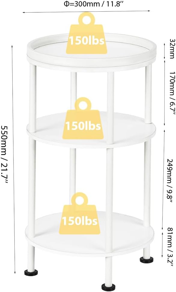 Small Round Side Table with Tray Top (Patented Design), 11.8" Narrow End Table for Small Spaces, 3-Tier Modern White Nightstand, Original Accent Furniture for Living Room Bedroom (Classic, White)