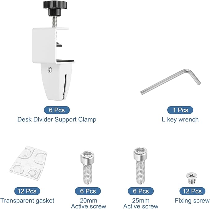 PATIKIL 6 Pcs 1/8" to 1/2" Adjustable Desk Divider Partition Clips, Aluminum Sneeze Guard Support Clamps Desktop Divider Clips for Offices Stores, Counter Privacy Panel,White