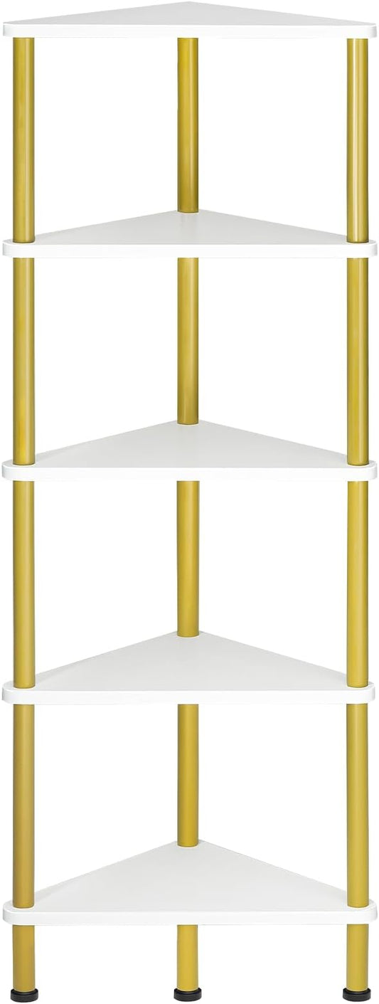HOOBRO Corner Shelf Stand, Industrial 5-Tier Wall Corner Bookshelf with Metal Frame, Plant Display Shelf, Bookcase for Small Spaces, Bedroom, Living Room, White and Gold DW33CJ01
