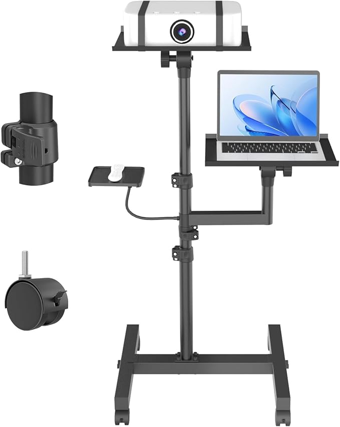 GSOW 2 Shelves Mobile Projector Stand, Rolling Laptop Stand Adjustable Height to 47 Inches, Podium Stands with Ventilated Tray, Heavy Duty, Laptop Floor Stand for Office, Home, Stage, DJ