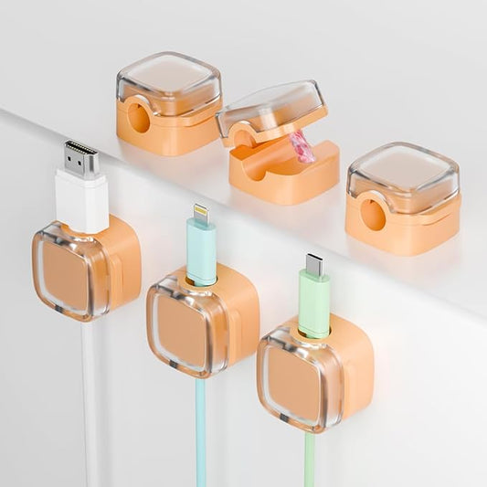 6-Pack Magnetic Cord Holder, Cord Holder with Strong Magnetic Lid, Holds Cables Firmly, 7 mm Charger Holder & HDMI Cord Organizer Clips, Strong Adhesive Pad (Orange)
