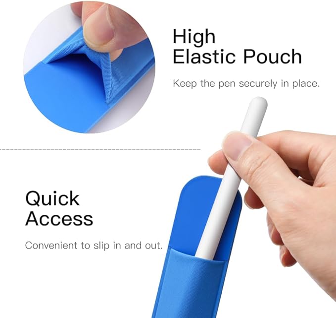MoKo Pencil Holder Sticker Fit Apple Pencil Pro, Apple Pencil (USB-C), Apple Pencil 1st/2nd Generation, Elastic Pencil Pocket Pouch Adhesive Sleeve Attached to iPad Case for Stylus Pens, Cobalt Blue