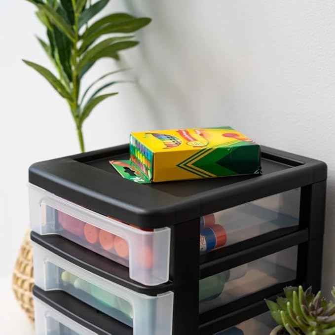 Set of 2 Compact 4-Drawer Plastic Desktop Organizers, Small Storage Drawers for Office Supplies Craft Tools Accessories, 8.38x6.75x8.88 Inches, Stackable Black Mini Drawer Units, Smooth Glide Drawers