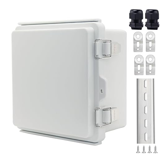 Junction Box, Outdoor Electrical Boxes Waterproof IP67 ABS Plastic Project Box Stainless Latches Enclosure with Mounting Plate, Wall Brackets, 5.9"x5.9"x3.5"