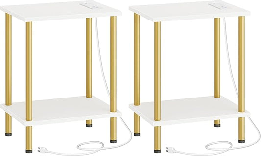 HOOBRO Side Table with Charging Station, Set of 2 End Tables with USB Port and Outlets, Nightstand with 2-Layer Storage Shelves for Small Spaces, Living Room, Bedroom, White and Gold DW09UBZP201