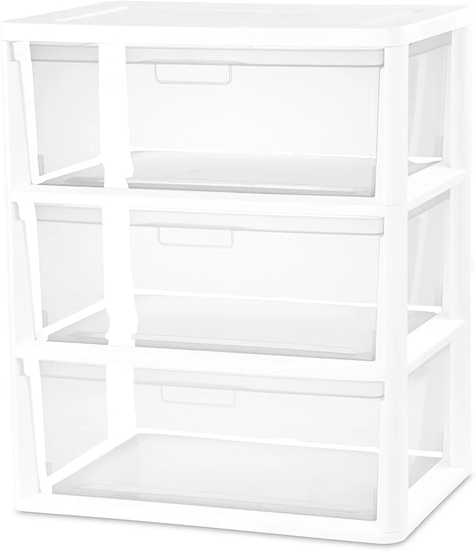 Plastic Drawer Wide Tower Plastic Storage Cart with Clear Pull Out Drawers, Black (White, 3 Drawer Wide Tower Broad)