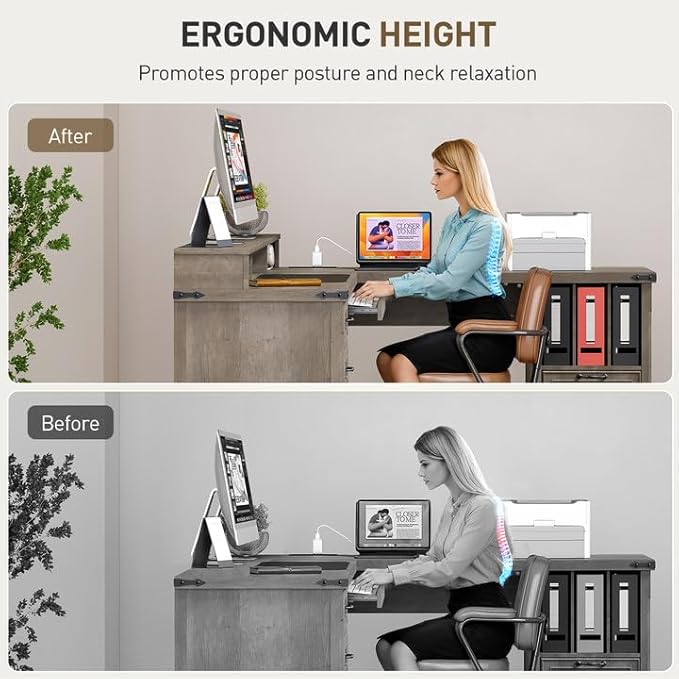 RALGEND Farmhouse 69" Executive L Shaped Desk with Drawer, Home Office Desk with Charging Station, Corner Computer Desk with Monitor Stand, File Drawer, Storage Cabinet, Greige