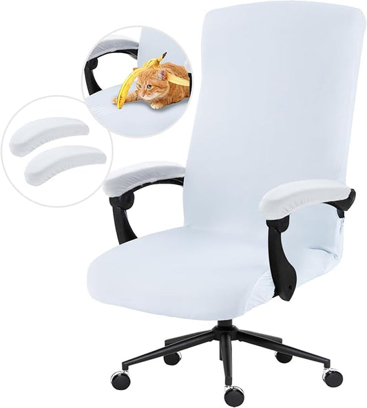 Stretch Computer Office Chair Cover with Armrest Covers Durable Zipper Universal Washable Removable Spandex Rotating Boss Chair Slipcovers Anti-dust Soft Desk Chair Seat Protector, White