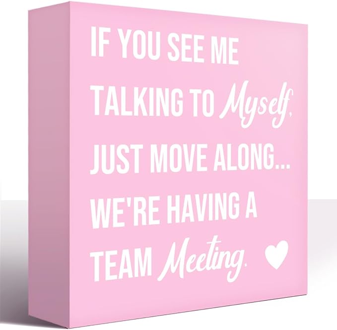 LVQHI Funny Team Meeting Wooden Box Sign, 5x5 Inch Pink Desk Accessories for Women, Humorous Desk Decor for Office Home, Cute Desk Shelf Wall Decorative Plaque Gift for Coworker Friend
