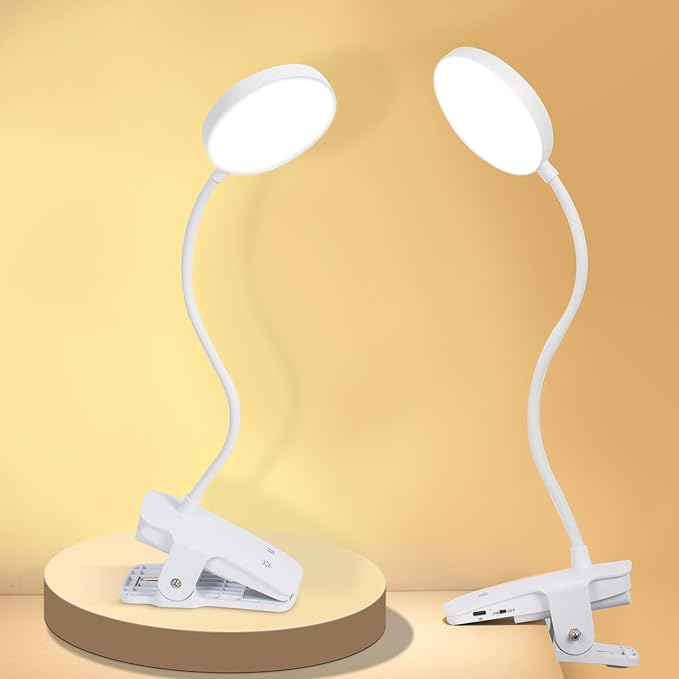 Cordless Clip on Desk Lamp with Clamp, 30 Lighting Modes (6 Colors x 5 Dimming Levels) Eye-Protect 450 Lumen, 360° Flexible Gooseneck & Foldable, Clip on Light for Bed Headboard / Puzzle,White 2 Pcs