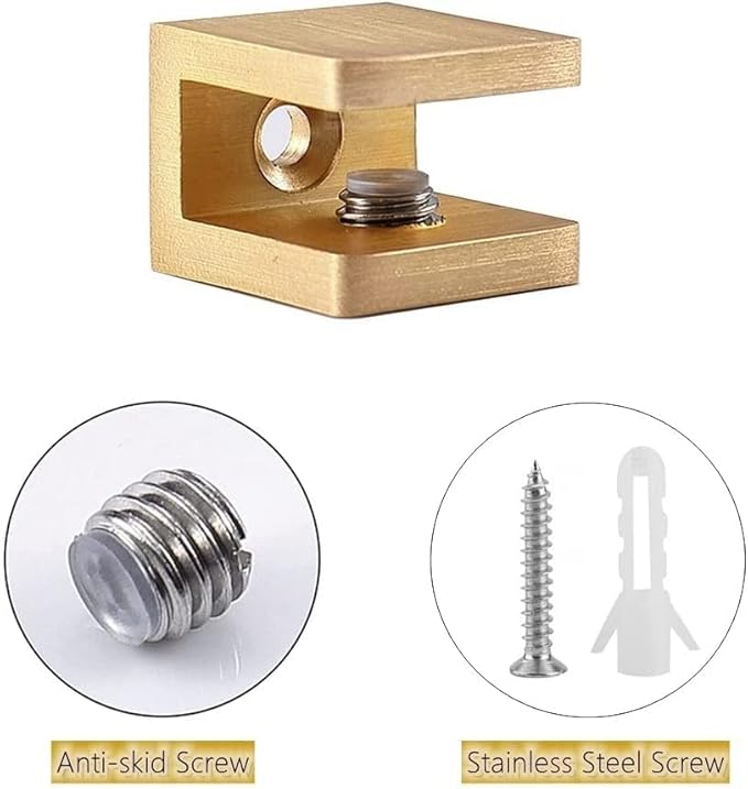 Glass Shelf Clamp, No-drill-on-glass Fixed Panel Glass Shelf Clip Holder Bracket Support Fixed U-Clamp (Pack of 10, Brass)