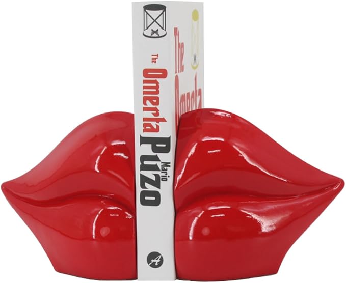Red Lips Decorated Bookends，Set of 2 Heavy Decorative Book Stoppers，Unique Resin Decoration，Creative Desktop Red Decor for Study Room Hotel Office Shelves