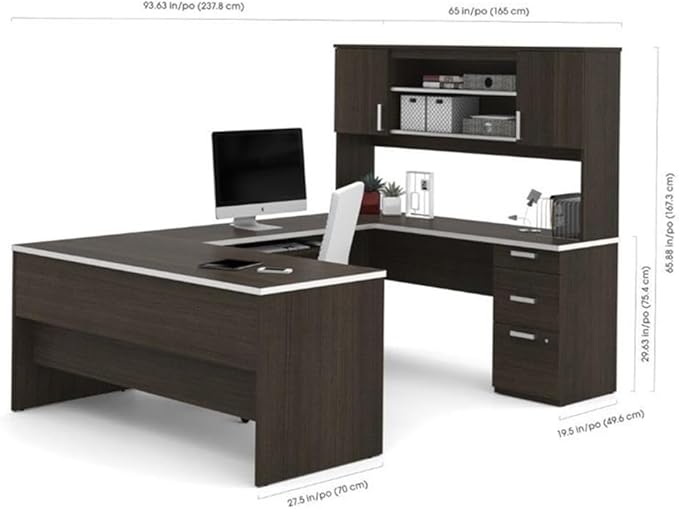 Pemberly Row U-Shaped Computer Desk, Dark Chocolate Finish, 93.6 in x 65 in x 65.9 in, Durable Melamine Surface, Hutch Storage, Lockable File Drawer, Keyboard Tray, Reversible Office Desk