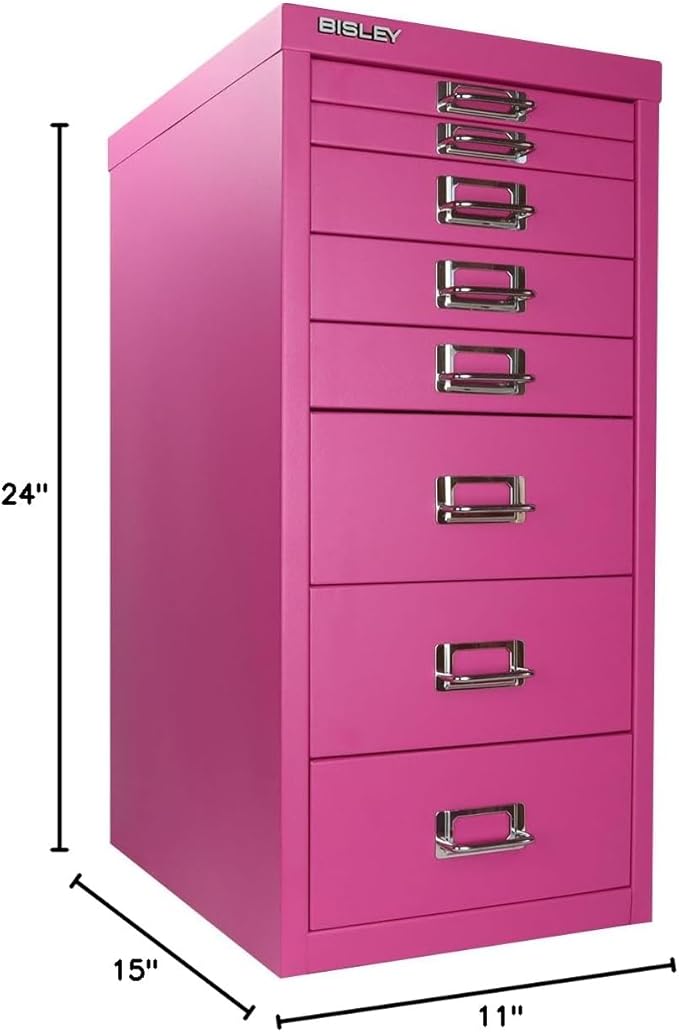 Bisley 8-Drawer Steel MultiDrawer Cabinet - Fuchsia, Chrome Pull Handles with Label Holders, Powder-Coated Steel, Removable Drawers, Fits Under Most Desks, Labels Included