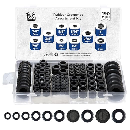 rubber Grommet kit - pack of 190 in 2 Types of rubber Grommets for wiring Including 2 Sizes of Hole Plugs & 8 Sizes Wire Grommets- Firewall grommet kit Handles Complete safety & Sealing