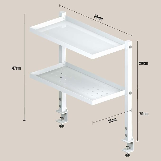 Clamp on Desk Shelf, 2 Tier Shelving Unit Clamp-on Above or Below Desk Extension Organizer Display Rack with Adjustable Metal Storage Tray, No Drilling